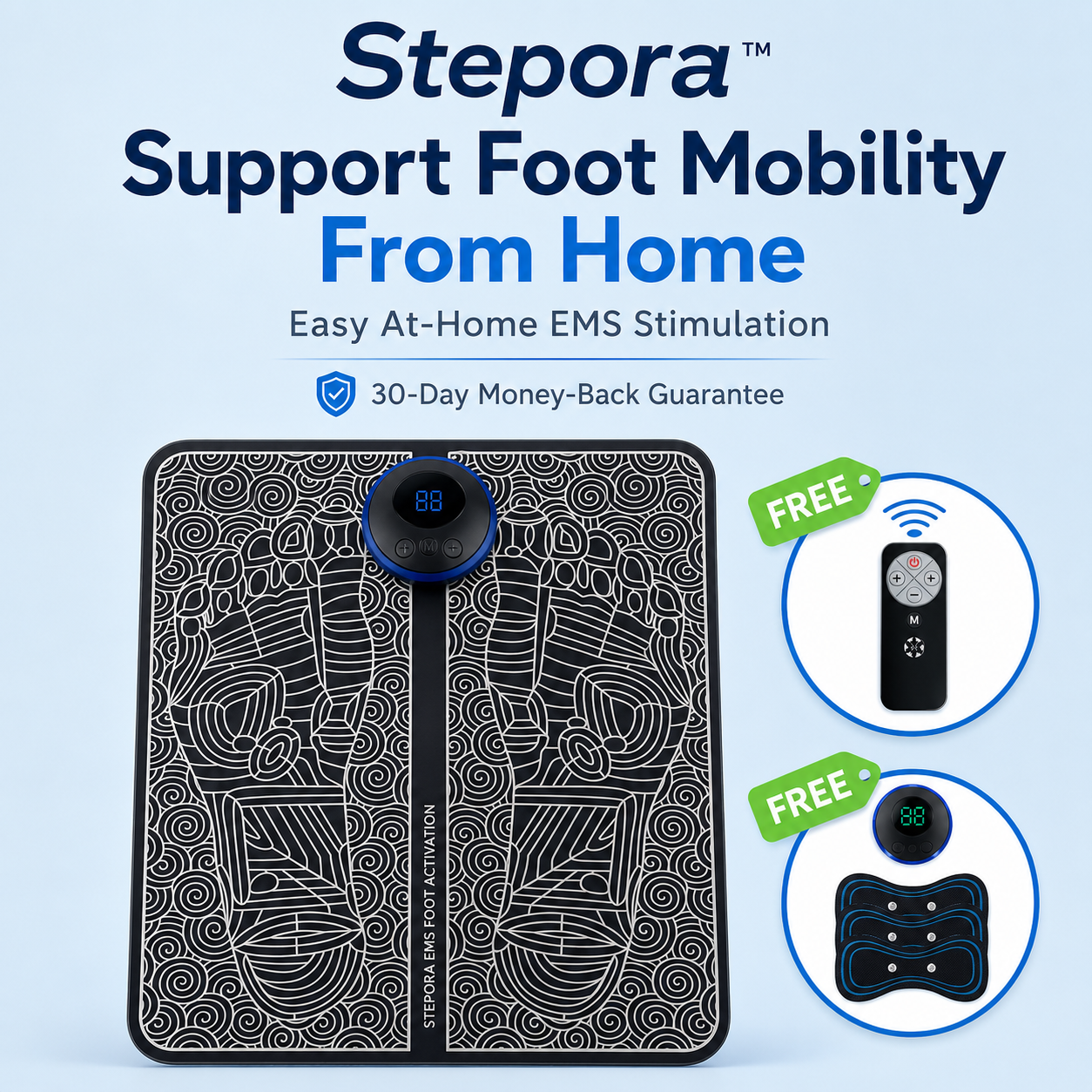 Stepora EMS foot reactivator mat with free wireless remote and EMS massage patches