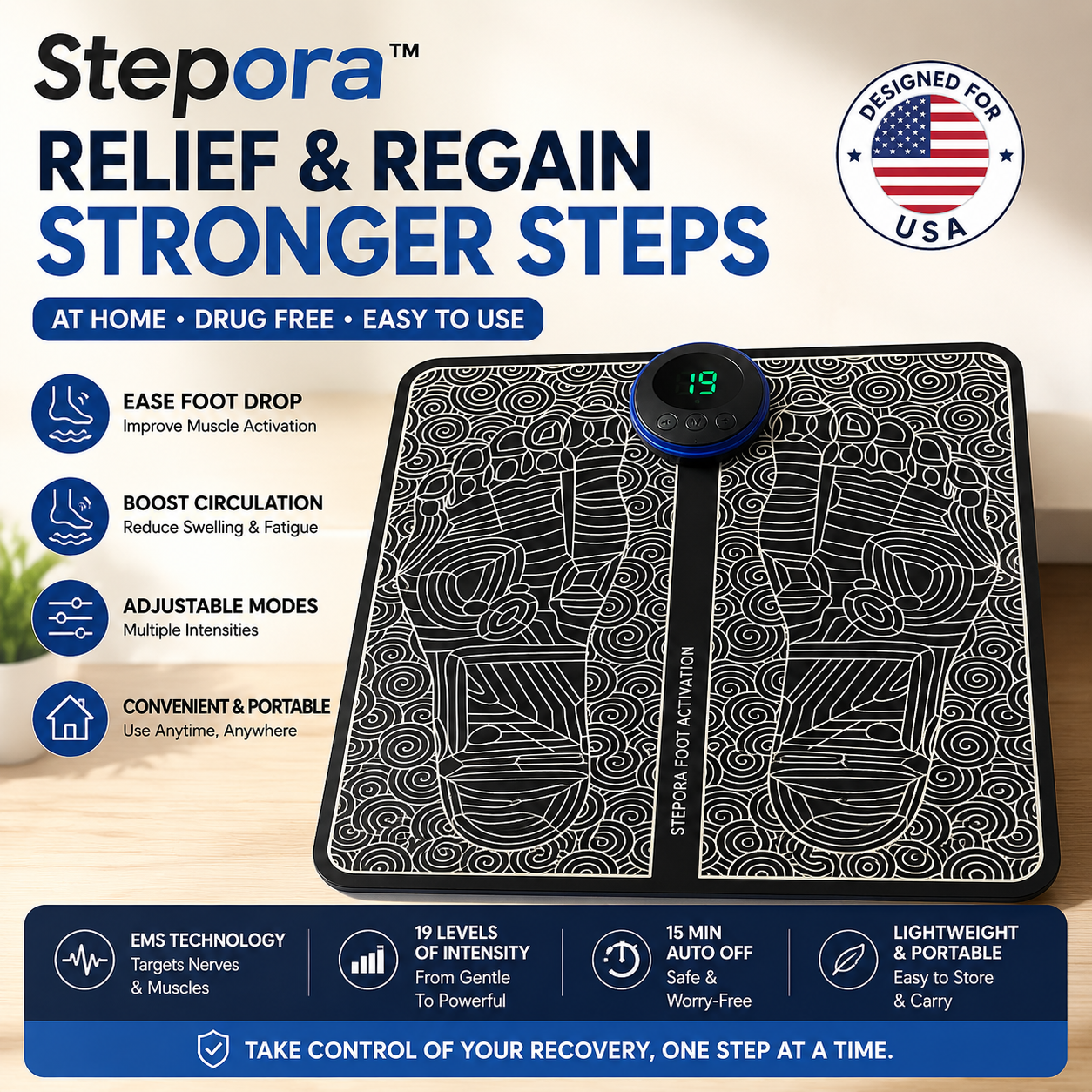 Stepora EMS technology: 19 intensity levels, auto shut-off, wireless remote