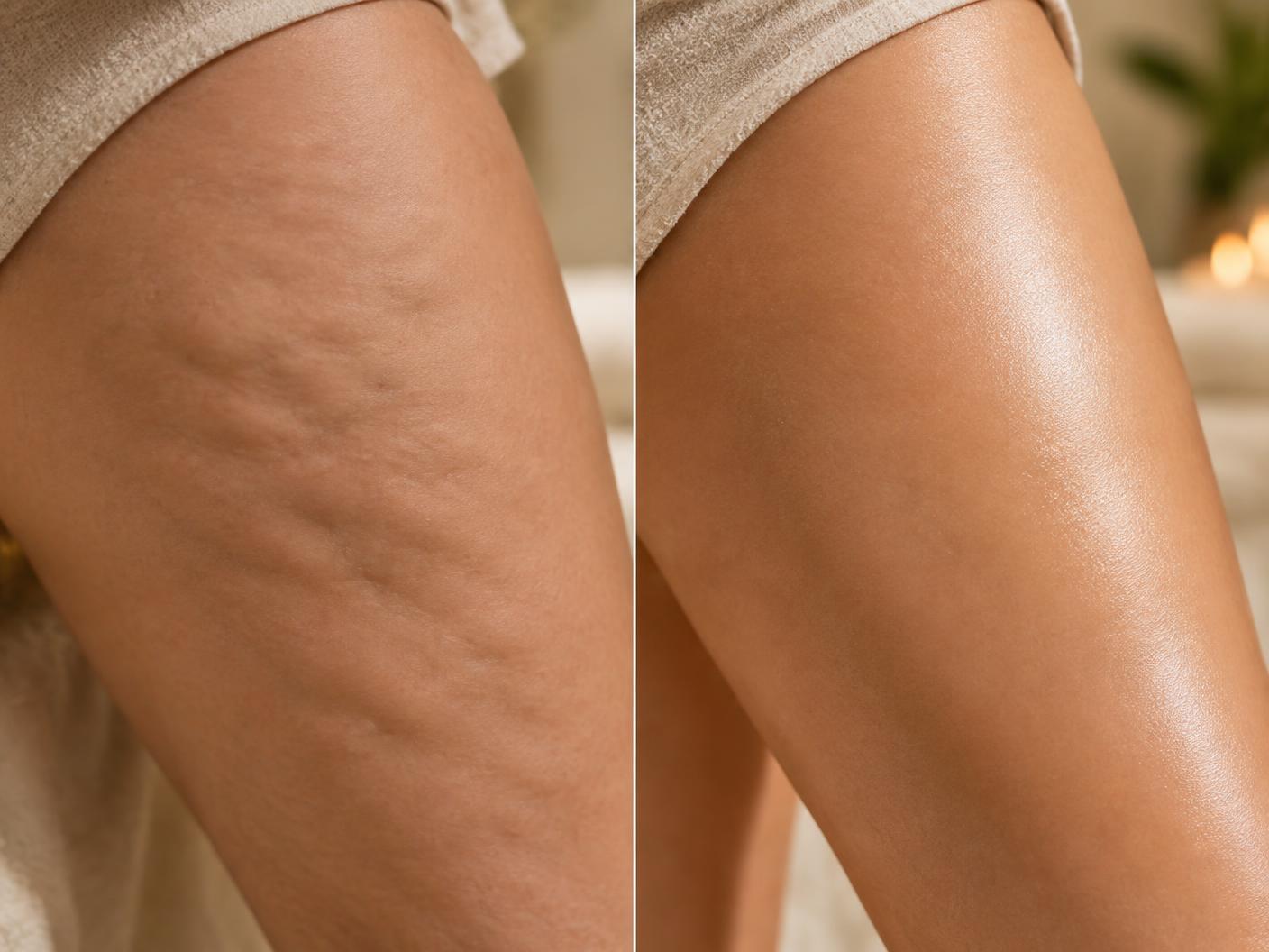 Skin before and after: dimpled texture next to smooth, hydrated skin after applying Glowula oil