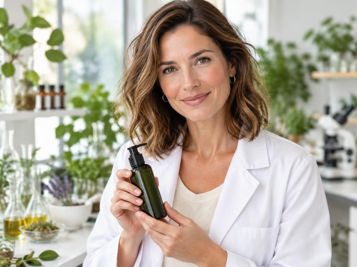 Glowula skincare formulator holding a bottle of the massage oil