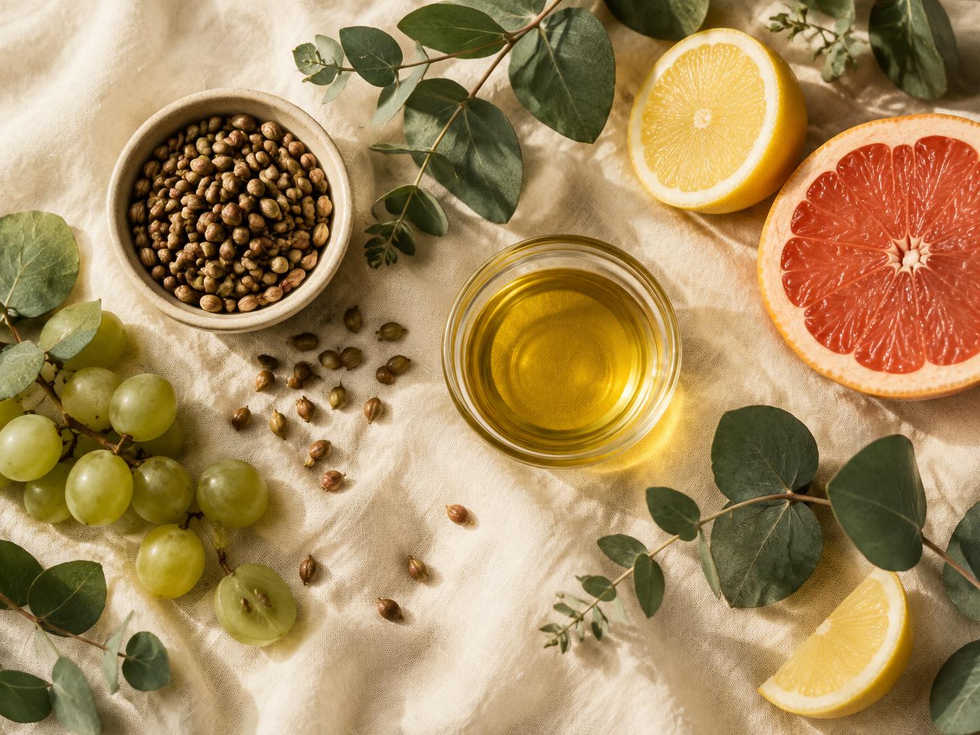 Botanical ingredients inside Glowula: grapeseed, citrus and eucalyptus