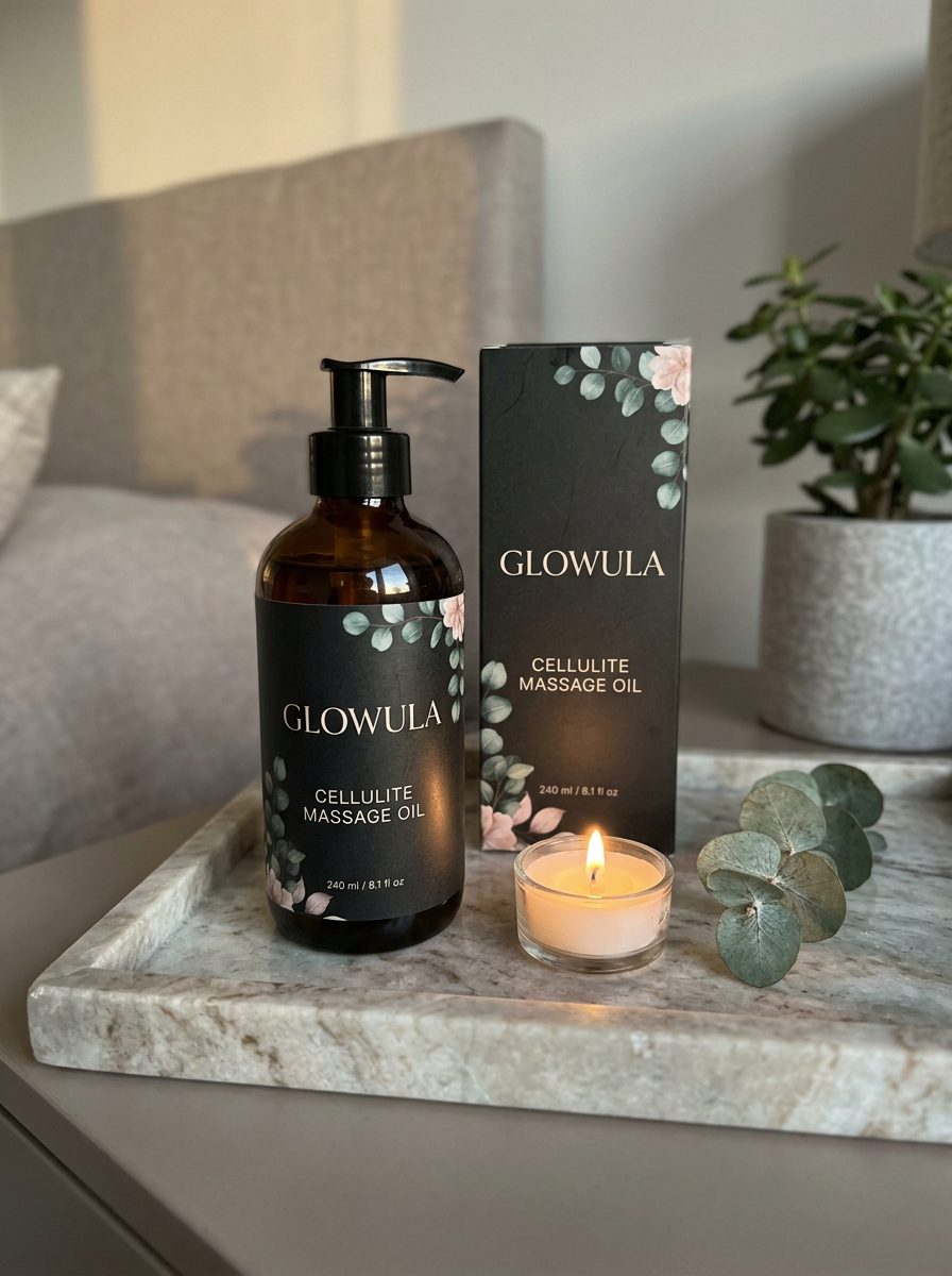 Glowula bottle and box on a vanity tray