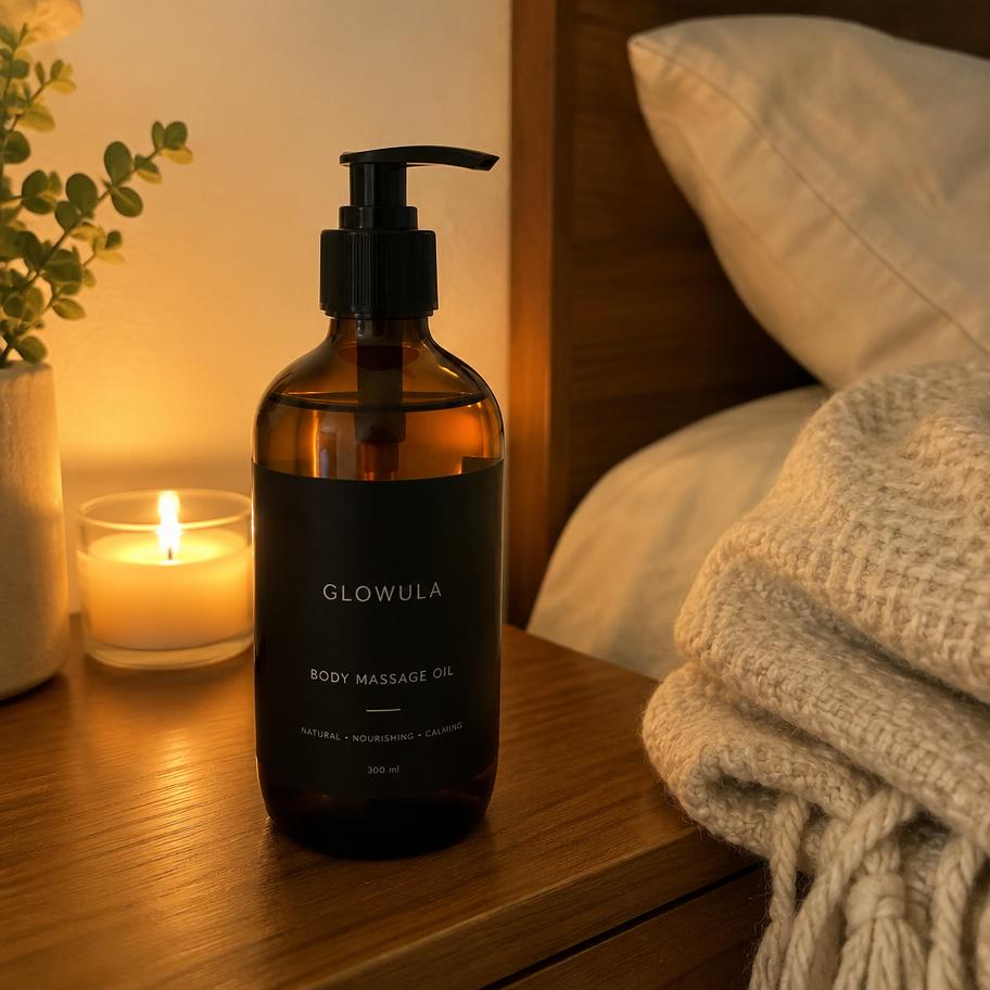 Glowula bottle on a nightstand next to a candle