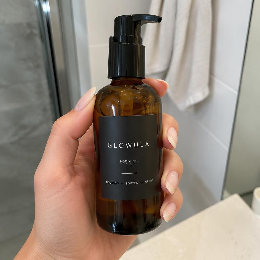 Hand holding the Glowula bottle in a bathroom
