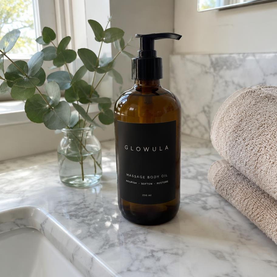 Glowula bottle on a marble counter with eucalyptus