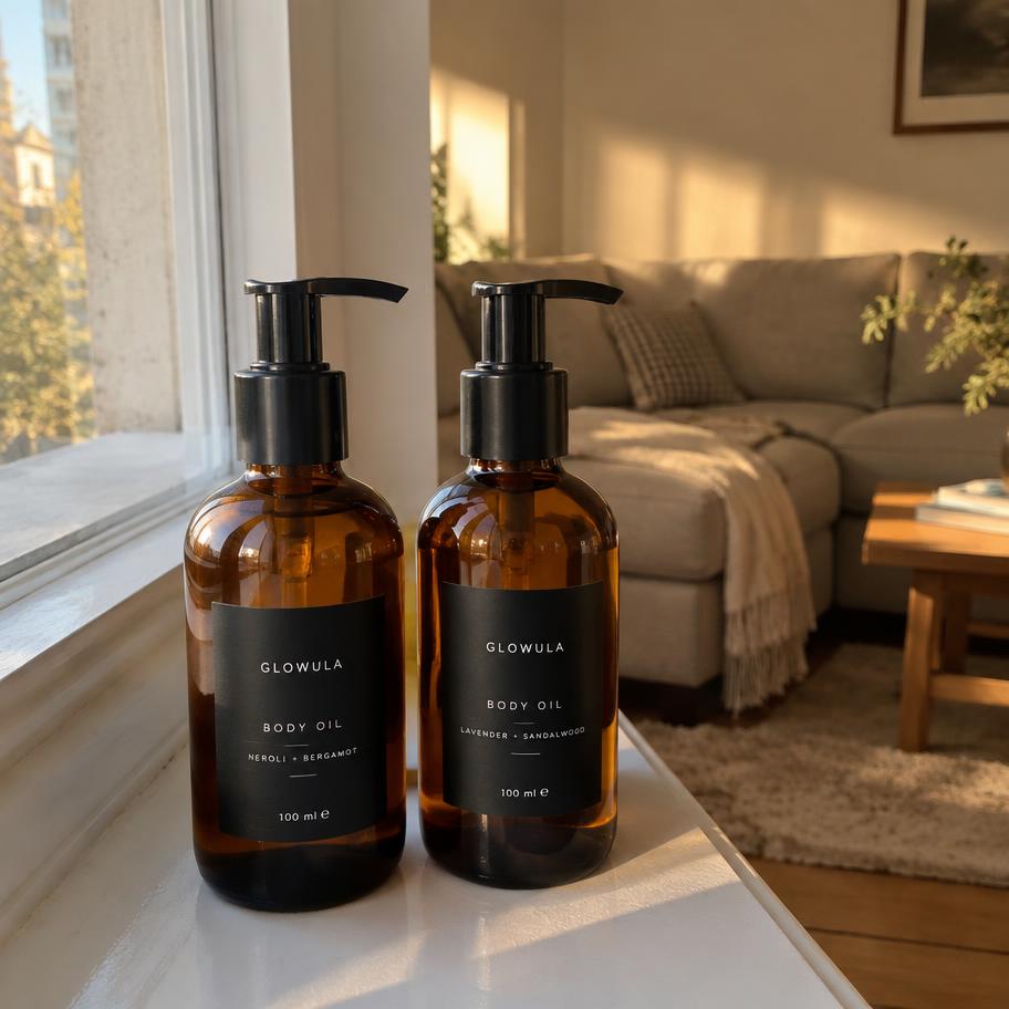Two Glowula bottles on a windowsill in afternoon light